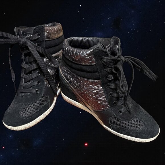 Coach Naples Black Metallic Signature Wedge Sneakers Size 6M Women’s High Top - Picture 2 of 16